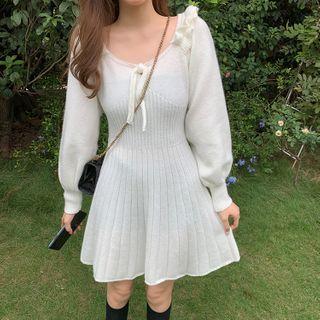 Long-sleeve Ruffled Pleated Knit Dress