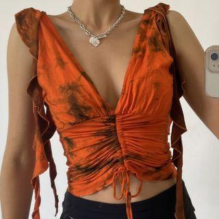 Tie-dye Print V-neck Drawstring Crop Halter Top