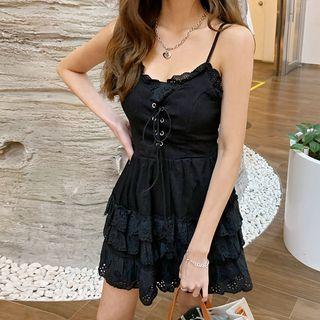 Corset Laced Layered-hem Mini Pinafore Dress