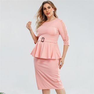 Plus Size Set: Elbow Sleeve Peplum Blouse + Pencil Skirt