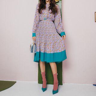 Long-sleeve Floral Print Pleated Chiffon Dress