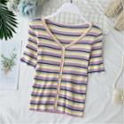 V-neck Short-sleeve Striped Knit Top As Shown In Figure - One Size