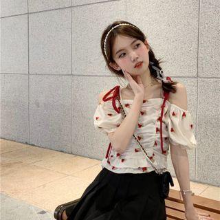 Puff-sleeve Cold Shoulder Floral Print Chiffon Top Red Floral - White - One Size