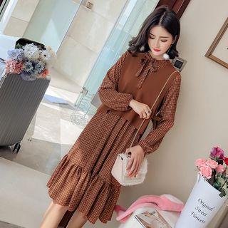 Set: Ruffle Hem Plaid Long-sleeve Dress + V-neck Knit Vest