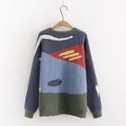 Color-block Loose-fit Sweater Green - One Size