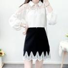 Set: Long-sleeve Lace Panel Blouse + Lace Trim A-line Mini Skirt