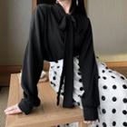 Long-sleeve Tie-neck Chiffon Shirt Black - One Size