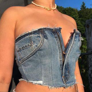 Zip Distressed Denim Tube Top
