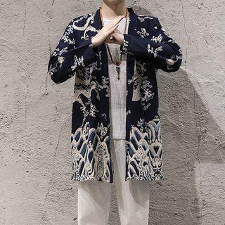 Print Linen Open Front Jacket