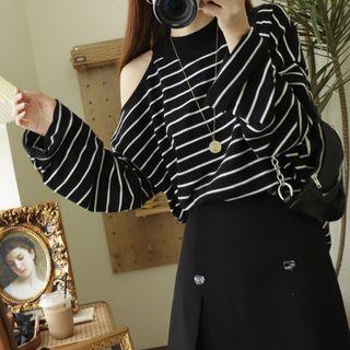 Cold Shoulder Striped Sweater Black - One Size