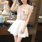 Set: Floral Print Frilled Sleeveless Chiffon Top + Mini Skirt