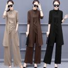 Set: Sleeveless Drawstring Knit Top + Wide-leg Pants + Light Jacket