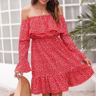 Long-sleeve Off-shoulder Print A-line Dress
