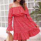 Long-sleeve Off-shoulder Print A-line Dress