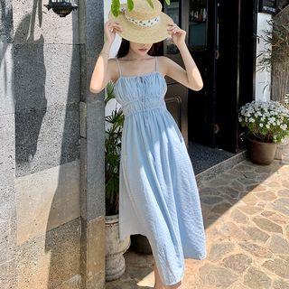 Spaghetti Strap Drawstring Shirred Midi A-line Dress