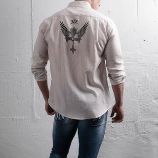 Pocket-front Wing-print Shirt (beige)
