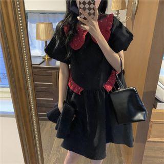 Puff-sleeve Dotted Mini Collared Dress Black - One Size