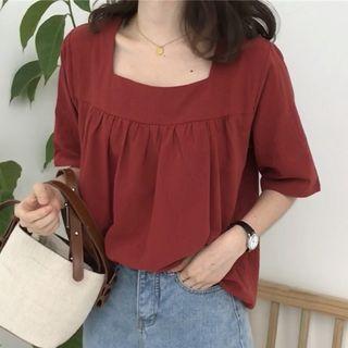 Square Neck Short-sleeve Top Red - One Size