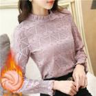 Fleece-lined Mock-neck Lace Long-sleeve Top