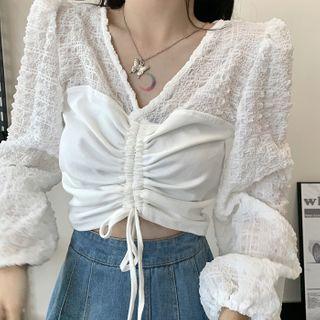 Drawstring Long-sleeve Plain Top