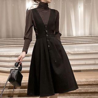 Set: Turtleneck Long-sleeve Top + Midi Overall Dress