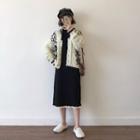 Flower Print Cable-knit Cardigan Almond - One Size