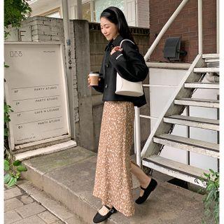 Slit-back Leopard Long Skirt
