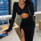 Set: Plain Long Sleeve Top + Slit Skirt