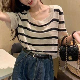 Elbow-sleeve Striped Knit Top Oatmeal - One Size