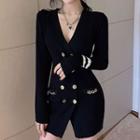 Long-sleeve Double-breasted Mini Collared Dress Black - One Size