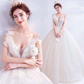 Embellished V-neck A-line Lace Evening Gown