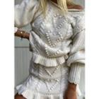 Puff-sleeve Cable-knit Sweater / Ruffle Hem Mini Pencil Skirt
