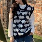 Sheep Print Sweater Vest Navy Blue - One Size