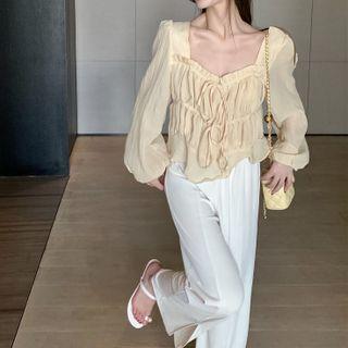 Puff-sleeve Drawstring Blouse / Wide Leg Pants