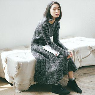 Set: Crew-neck Sweater + Midi Knit A-line Skirt