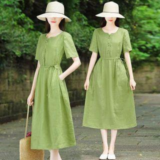 Elbow-sleeve Drawstring-waist Midi A-line Dress