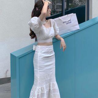 3/4-sleeve Square-neck Blouse / Midi Mermaid Skirt