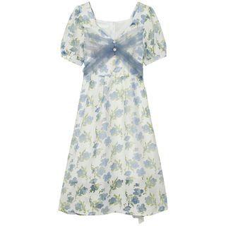 Short-sleeve Mesh Panel Floral Chiffon Dress