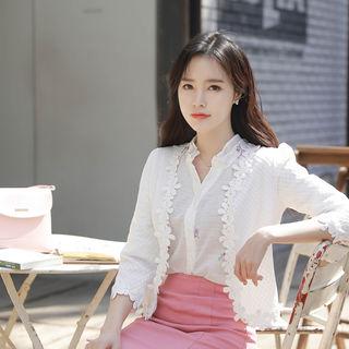 3/4-sleeve Flower Appliqu  Cardigan