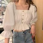 3/4-sleeve Square-neck Frill Trim Cropped Blouse