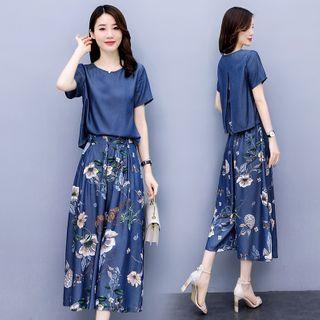 Set: Short-sleeve Denim T-shirt + Floral Print Wide-leg Pants