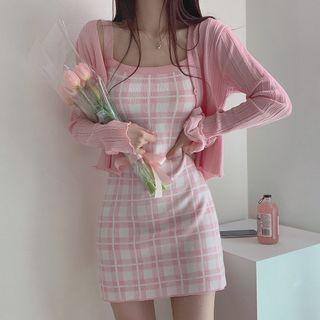 Spaghetti Strap Plaid Mini Sheath Knit Dress / Cardigan