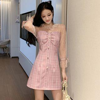 Mock Two-piece Plaid Long-sleeve Mini A-line Dress
