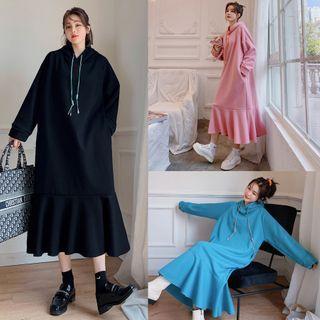 Plain Ruffle Hem Midi A-line Hoodie Dress