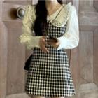 Mock Two-piece Long-sleeve Peter Pan-collar Plaid Mini Dress