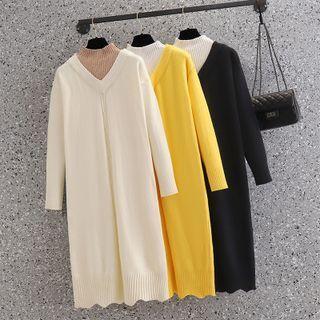 Mock-neck Two-tone Knit Midi Dress