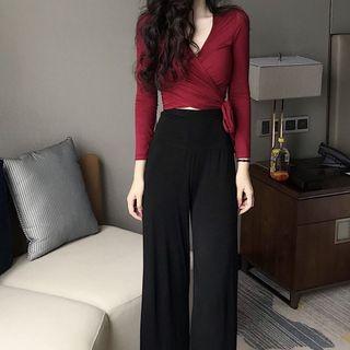Tie-waist V-neck Long-sleeve T-shirt