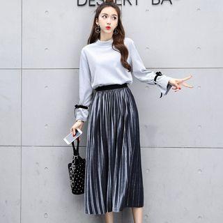 Set: Tie-cuff Blouse + Midi Accordion Pleated Skirt
