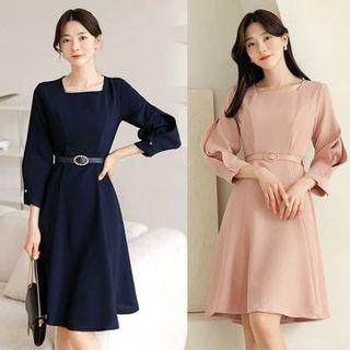 Slit-sleeve Square-neck Flare Dress With Belt