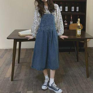 Ruffle Trim Floral Blouse / Denim Midi A-line Overall Dress